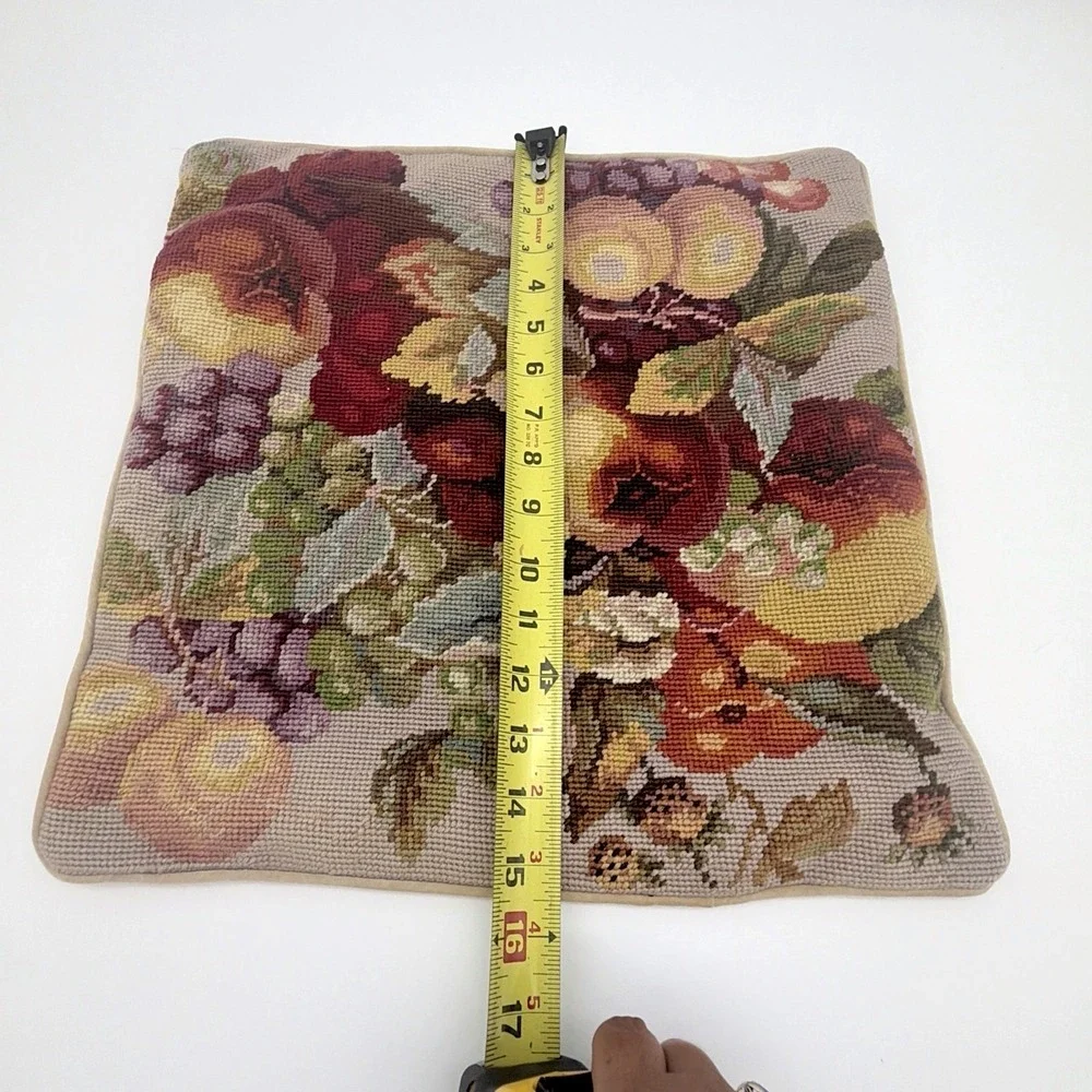 Vintage Needlepoint Pillow Tapestry Throw Pillow Floral Fruit Stitched